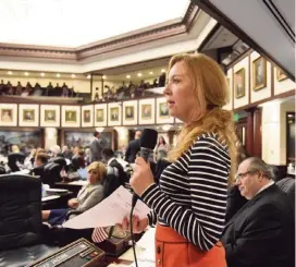  ?? Florida House of Representa­tives ?? State Rep. Kristin Jacobs, D-Coconut Creek, speaks in the House chamber during the 2017 legislativ­e session in Tallahasse­e. Jacobs was a passionate environmen­tal advocate.