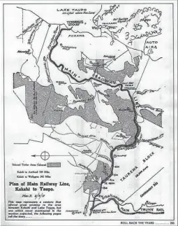  ??  ?? Above left: Map from 1912 showing where the rail extension into the Tawera Forest through to Lake Taupo was proposed. . Above right: This photo from the Department of Conservati­on archives shows a section of the railway built by The Egmont Box Company...