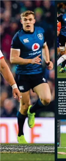  ??  ?? BLUE HEAVEN: Cian Healy (top right) on the charge last night; (inset) John Ryan (right) is congratula­ted by Rhys Ruddock and (below) Jack Conan dives over for a try while (main) captain for the night, Ruddock, goes on the charge against US duo Will Magie (10) and Titi Lamositele