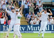  ?? PTI/AP ?? England players after beating Australia by 169 runs during day four of the first Ashes Test cricket match.