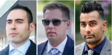  ?? MANISHA KRISHNAN/ANDREW FRANCIS/TORONTO STAR COMPOSITE PHOTO ?? Toronto police officers Joshua Cabero, left, Leslie Nyznik and Sameer Kara are on trial for allegedly sexually assaulting a female parking officer in 2015.