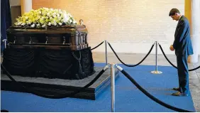  ??  ?? House Speaker Paul Ryan of Wisconsin stands near the casket of Nancy Reagan on Wednesday at the Ronald Reagan Presidenti­al Library in Simi Valley, Calif.