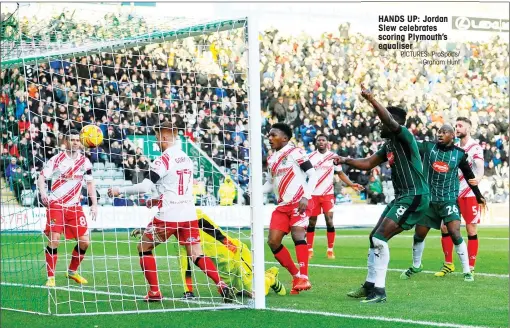  ?? PICTURES: ProSports/ Graham Hunt ?? HANDS UP: Jordan Slew celebrates scoring Plymouth’s equaliser