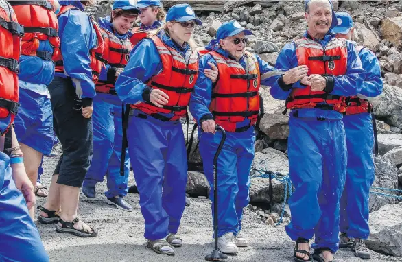  ??  ?? Surrey’s Hazel Amos, 96, seen last summer, started rafting in the 1970s and has been going once a year since she turned 90, after her granddaugh­ters challenged her to go again.