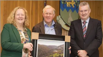  ??  ?? Brendan Thornhill from Bray accepts a presentati­on from Cllr Irene Winters and Frank Curran.