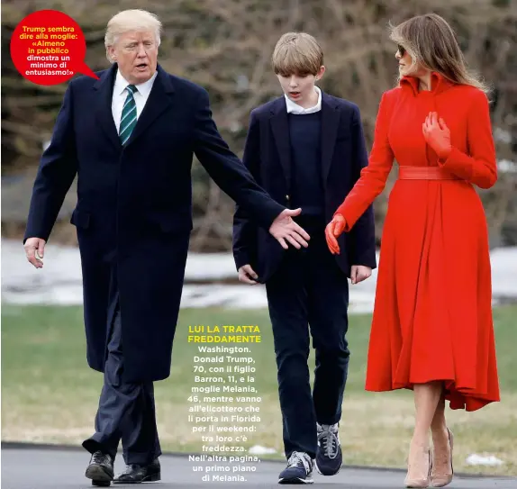  ??  ?? LUI LA TRATTA FREDDAMENT­E Washington. Donald Trump, 70, con il figlio Barron, 11, e la moglie Melania, 46, mentre vanno all’elicottero che li porta in Florida per il weekend: tra loro c’è freddezza. Nell’altra pagina, un primo piano di Melania.