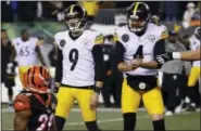  ?? FRANK VICTORES — THE ASSOCIATED PRESS ?? In this Dec. 4, 2017, file photo, Pittsburgh Steelers kicker Chris Boswell (9) celebrates his game-winning field goal alongside punter Jordan Berry (4) in the second half of an NFL football game against the Cincinnati Bengals, in Cincinnati.