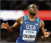  ?? MATTHIAS HANGST / GETTY IMAGES ?? Christian Coleman, still a student at the University of Tennessee, is burning up the track as a pro, setting a world record for 60 meters.