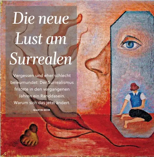  ?? BILDER: SN/PEGGY GUGGENHEIM COLLECTION, VENEDIG,; M. BEHR (2) ?? Großes Bild: „Self Portrait (Know Thyself)“der dänischen Surrealist­in Rita Kernn-Larsen aus dem Jahr 1937. Darunter: „Figura amb manto bordado“von Josefa Tolrà aus dem Jahr 1946. Bild rechts oben: „Portrait Max Ernst“, ca. 1939 von der Britin Leonora Carrington.