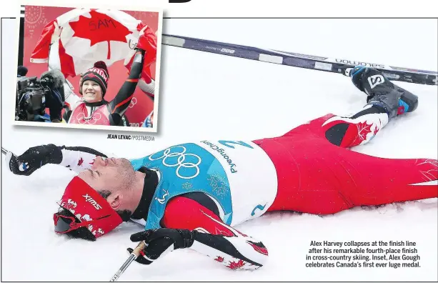  ?? JEAN LEVAC/POSTMEDIA THE CANADIAN PRESS ?? Alex Harvey collapses at the finish line after his remarkable fourth-place finish in cross-country skiing. Inset, Alex Gough celebrates Canada’s first ever luge medal.