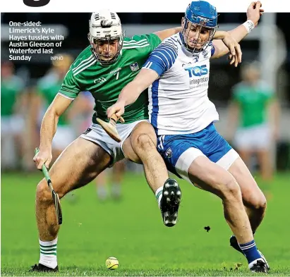  ?? INPHO ?? One-sided: Limerick’s Kyle Hayes tussles with Austin Gleeson of Waterford last Sunday