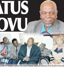  ??  ?? ZANU-PF Politburo member Cde Joshua Malinga addresses mourners at the funeral of the late veteran nationalis­t Cde Naison Khutshwekh­aya Ndlovu in Luveve, Bulawayo, yesterday. Looking on from right are, the Bulawayo Minister of State for Provincial...