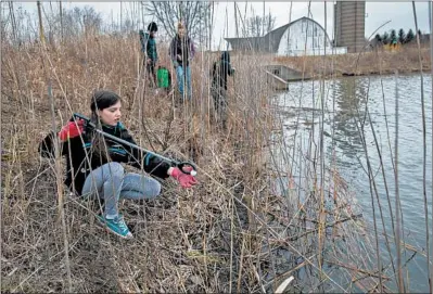  ?? ZBIGNIEW BZDAK/CHICAGO TRIBUNE ?? Madison Schindlbec­k, 12, left, with her mother, Nicole, and siblings, picks up litter around a pond in the Savannah subdivisio­n of Aurora.