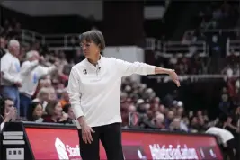  ?? GODOFREDO A. VÁSQUEZ — THE ASSOCIATED PRESS ?? Stanford head coach Tara VanDerveer reacts during the first half of an NCAA college basketball game against Oregon State on Sunday in Stanford.