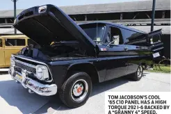  ??  ?? TOM JACOBSON’S COOL
’65 C10 PANEL HAS A HIGH TORQUE 292 I-6 BACKED BY A “GRANNY 4” SPEED.