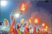  ?? PTI ?? Priests perform Ganga Aarti on the eve of Paush Purnima during ▪Kumbh on Sunday.