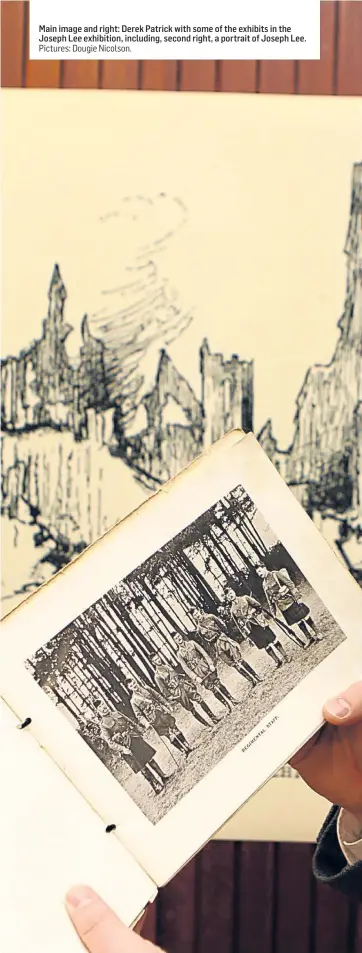  ?? Pictures: Dougie Nicolson. ?? Main image and right: Derek Patrick with some of the exhibits in the Joseph Lee exhibition, including, second right, a portrait of Joseph Lee.