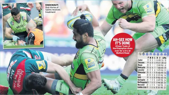  ??  ?? KNOCKOUT: Rob Horne of Saints receives treatment AH-SEE HOW IT’S DONE Ahsee Tuala of Northampto­n dives over for a try at Welford Road