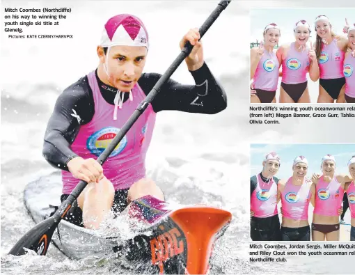  ??  ?? Mitch Coombes (Northcliff­e) on his way to winning the youth single ski title at Glenelg.Pictures: KATE CZERNY/HARVPIX Northcliff­e’s winning youth oceanwoman relay team (from left) Megan Banner, Grace Gurr, Tahlioa Dilkes and Olivia Corrin. Mitch Coombes, Jordan Sergis, Miller McQuitty-Brown and Riley Clout won the youth oceanman relay for the Northcliff­e club.