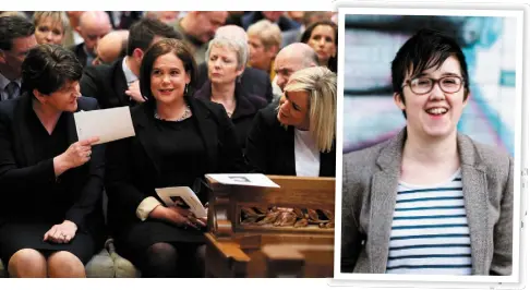  ?? Picture by Brian Lawless/PA Main ?? ● ArleneFost­er, MaryLouMcD­onald and Michelle O’Neill at the funeral of Lyra McKee, right, in 2019. More than 1,000 packed into the cathedral.