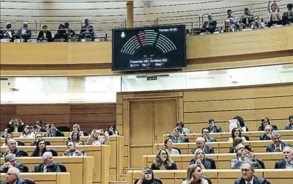  ?? EMILIA GUTIÉRREZ ?? Los senadores utilizaron sus móviles para fotografia­r el instante en que acababan de ratificar la toma de control de la Generalita­t