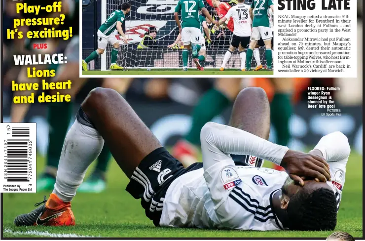  ?? PICTURES: UK Sports Pics ?? FLOORED: Fulham winger Ryan Sessegnon is stunned by the Bees’ late goal