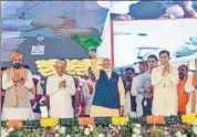  ?? ANI ?? Governor Rajendra Vishwanath Arlekar (second from left) with Prime Minister Narendra Modi at his Bettiah function on Wednesday.