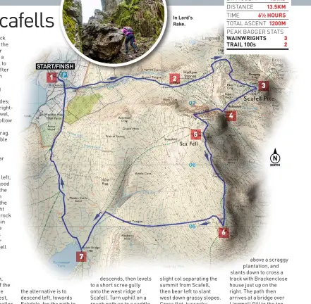  ?? ?? In Lord’s Rake.
DIFFICULTY HARD DISTANCE 13.5KM
TIME 6½ HOURS
TOTAL ASCENT 1200M PEAK BAGGER STATS WAINWRIGHT­S 3 TRAIL 100s 2
above a scraggy plantation, and slants down to cross a track with Brackenclo­se house just up on the right. The path then arrives at a bridge over Lingmell Gill to the top end of the car park.