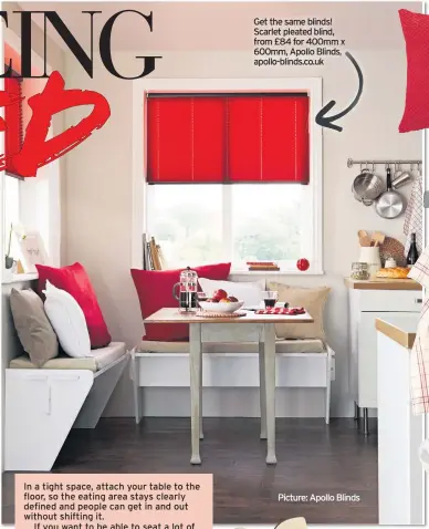  ??  ?? Get the same blinds! Scarlet pleated blind, from £84 for 400mm x 600mm, Apollo Blinds, apollo-blinds.co.uk Picture: Apollo Blinds