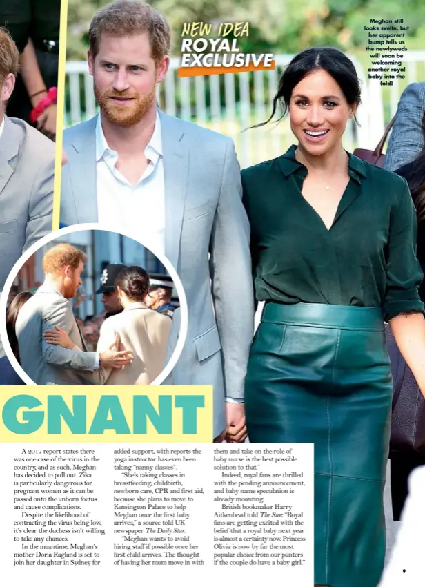  ??  ?? Meghan still looks svelte, but her apparent bump tells us the newlyweds will soon be welcoming another royal baby into the fold!
