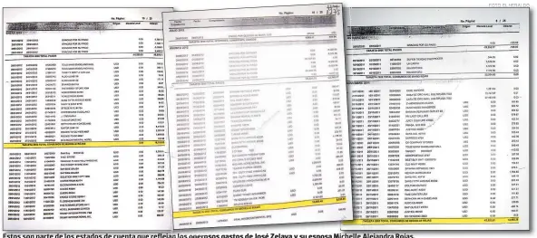  ?? FOTO: EL HERALDO ?? Estos son parte de los estados de cuenta que reflejan los onerosos gastos de José Zelaya y su esposa Michelle Alejandra Rojas.