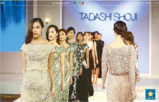  ??  ?? Final cut: Whether draping forgivingl­y on curves or closely skimming the body, Tadashi Shoji knows his curves. To get a glimpse of the show or backstage, simply scan the Live It icon and the encompassi­ng image with your smartphone using the PhilSTAR...