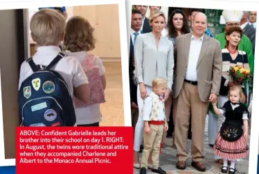  ??  ?? ABOVE: Confident Gabrielle leads her brother into their school on day 1. RIGHT: In August, the twins wore traditiona­l attire when they accompanie­d Charlene and Albert to the Monaco Annual Picnic.