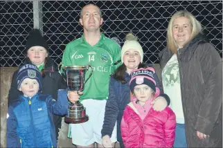  ?? (Pic: John Ahern) ?? RIGHT: SPECIAL MOMENT: Captain James Kearney with his children, Ava and Darragh, along with Deirdre, Clodagh and Aoibhinn Daly, celebratin­g following Araglin’s county final win in Páirc Uí Rinn last Saturday night.