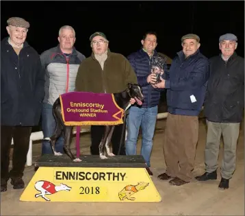  ??  ?? Pictured at the presentati­on following The Roban Financial Christmas Unraced final, won by ‘Maireads Grace’ at Enniscorth­y Greyhound Track were Christy Murphy, Jim Turner (racing manager), Fraser Black (trainer), Myles Roban (sponsor), Joe Horan (owner) and Cecil Dunne.