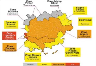  ?? (Carte Préfecture du Var) ?? En raison de la sécheresse, 23 communes sont en vigilance (gris), 43 en alerte (jaune), 85 en alerte renforcée (orange) et 2 en alerte crise (rouge).