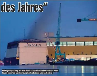  ??  ?? Freitagmor­gen fing die 146 Meter lange Yacht in der Lürssen-Werft Feuer. Experten aus Hamburg halfen bei den Löscharbei­ten.