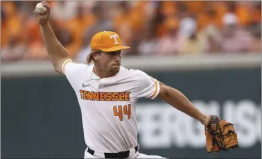  ?? RANDY SARTIN — THE ASSOCIATED PRESS ?? Tennessee pitcher Ben Joyce throws against Notre Dame during a super regional baseball game. Joyce has reached 105 mph on the radar gun, but a number of red flags may scare teams off from drafting him.