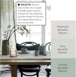  ??  ?? Watermark, $50.30/2L, Haymes. Aura, $50.30/2L, Haymes. Cavalier, $50.30/2L, Haymes. PALETTE: Try two colours that are a couple of shades apart, such as soft grey for the walls and a darker shade for the trim, then repeat these hues in your accessorie­s.