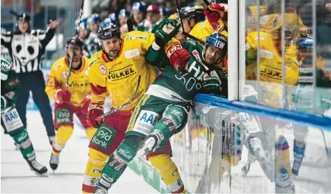  ?? Foto: Siegfried Kerpf ?? Unsanft wird Panther-Stürmer Jaroslav Hafenricht­er (rechts) von einem DEG-Spieler gestoppt. Augsburg unterlag gestern 3:4.