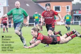  ??  ?? Jamie Patient dives over to score one of his four tries.