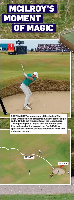  ?? ?? RORY McILROY produced one of the shots of The Open when he holed a majestic bunker shot for eagle on the 10th to put him joint-top of the leaderboar­d.
After putting his 334-yard tee shot into the sand trap just short of the green at the Par 4, McIlroy splashed out and into the hole to take him to -15 and a share of the lead. 27 YARDS
MCILROY