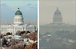  ?? RICK BOWMER AP FILE PHOTO ?? This combinatio­n of Dec. 13 and 17, 2018, photos shows the Utah State Capitol during a clear day and during an inversion day in Salt Lake City. After decades of getting ever cleaner, America’s air quality seems to be stagnating.