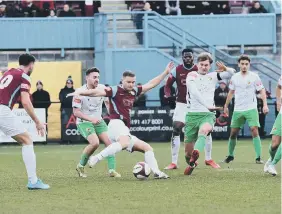  ?? ?? Nathan Lowe gets in a shot for South Shields against Nantwich.