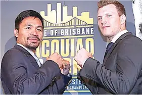  ?? Hulagway sa Sydney Morning Herald ?? ■ UNANG PANAGKITA. Si Manny Pacquiao (wala) ug Jeff Horn atol sa ilang unang press conference didto sa Brisbane, Australia. Kini maoy una nilang panagtagbo. /