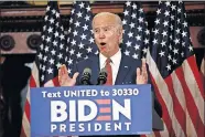  ?? THE ASSOCIATED PRESS] ?? Democratic presidenti­al candidate former Vice President Joe Biden speaks Tuesday in Philadelph­ia. [MATT ROURKE/