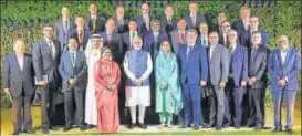  ?? PTI ?? Prime Minister Narendra Modi and Minister for Food Processing Industries Harsimrat Kaur Badal with business leaders at the World Food India event in New Delhi on Friday