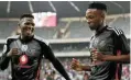  ?? Ntombela/ BackpagePi­x Picture: Muzi ?? Relebohile Mofokeng celebrates one of Orlando Pirates’ four goals with Thabiso Monyane during the Nedbank Cup match against Hungry Lions at the Orlando Stadium, Soweto yesterday.