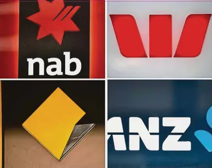  ?? — AFP ?? Profit chase: Combo photo shows the signs of the ‘big four’ Australian banks (clockwise from top left) National Australia Bank, Westpac, ANZ and Commonweal­th Bank. The banks are making cost cuts to boost profit.