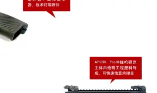  ??  ?? “蟒蛇”手枪可安装消声器、激光指示器、战术灯等附件
APC9K Pro冲锋枪弹匣主体­由透明工程塑料制成，可快速估算余弹量